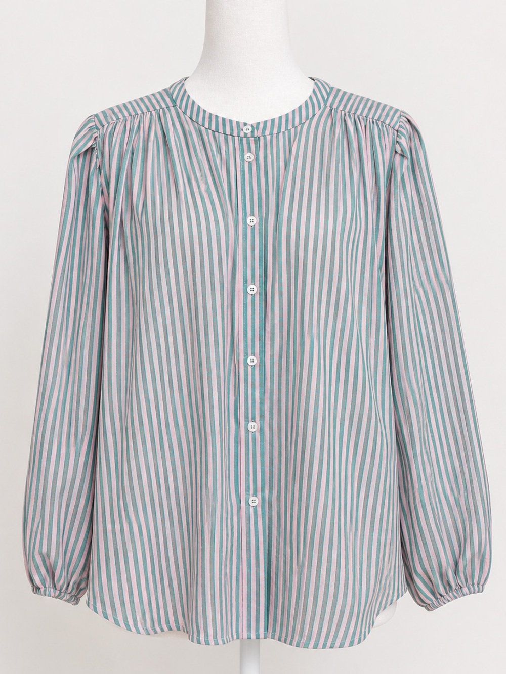 Boden Striped Button-Front Blouse in Teal and Pink